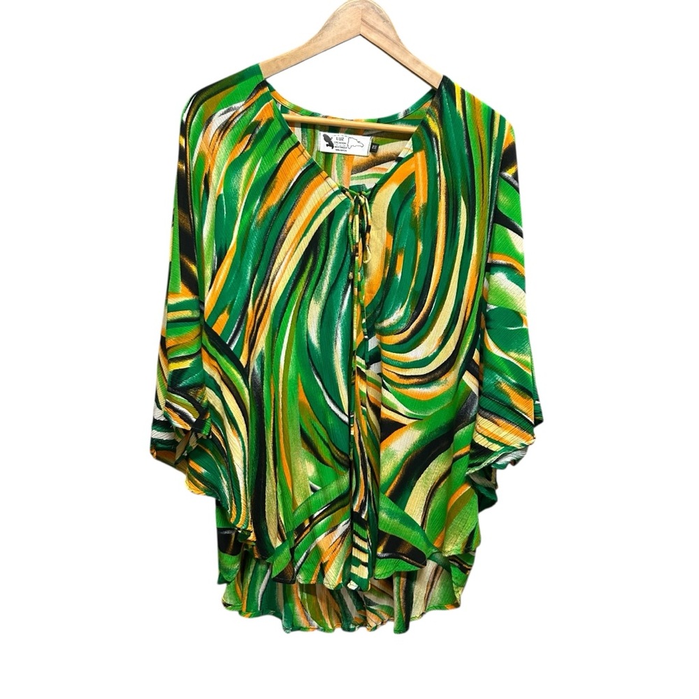 Creation Luz Abstract Print Flowy Top Green Orange Size OS